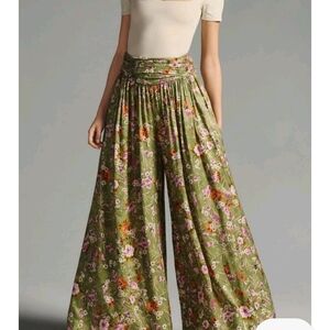 Anthropologie Olive Floral Wide-Leg Pants